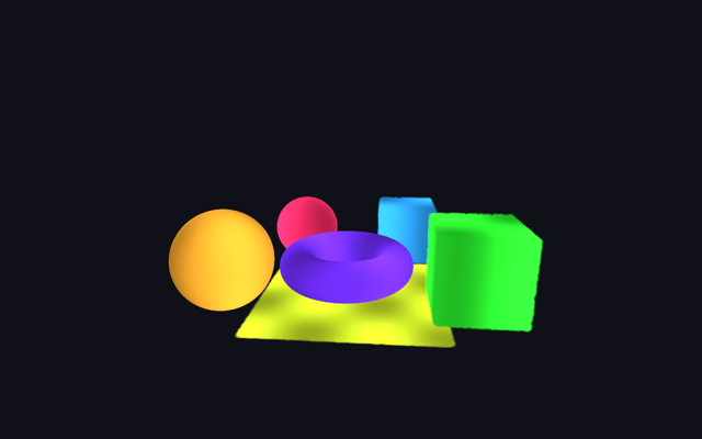 Spheres, a torus and boxes coloured by per-splat labels