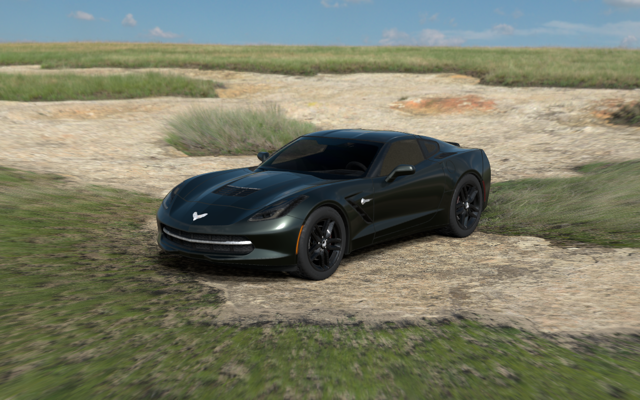A closer view of the dark green Corvette C7 Stingray, relit from its HDRI