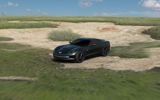 A dark green Corvette C7 Stingray on a grassy field, relit from its HDRI