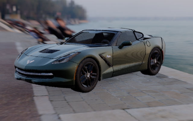 A green Corvette C7 Stingray in a workshop, relit from its HDRI