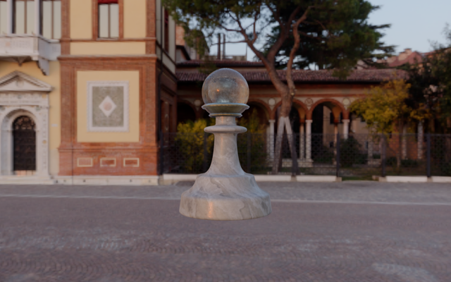 A marble chess pawn with a glass head, relit under a sunset sky